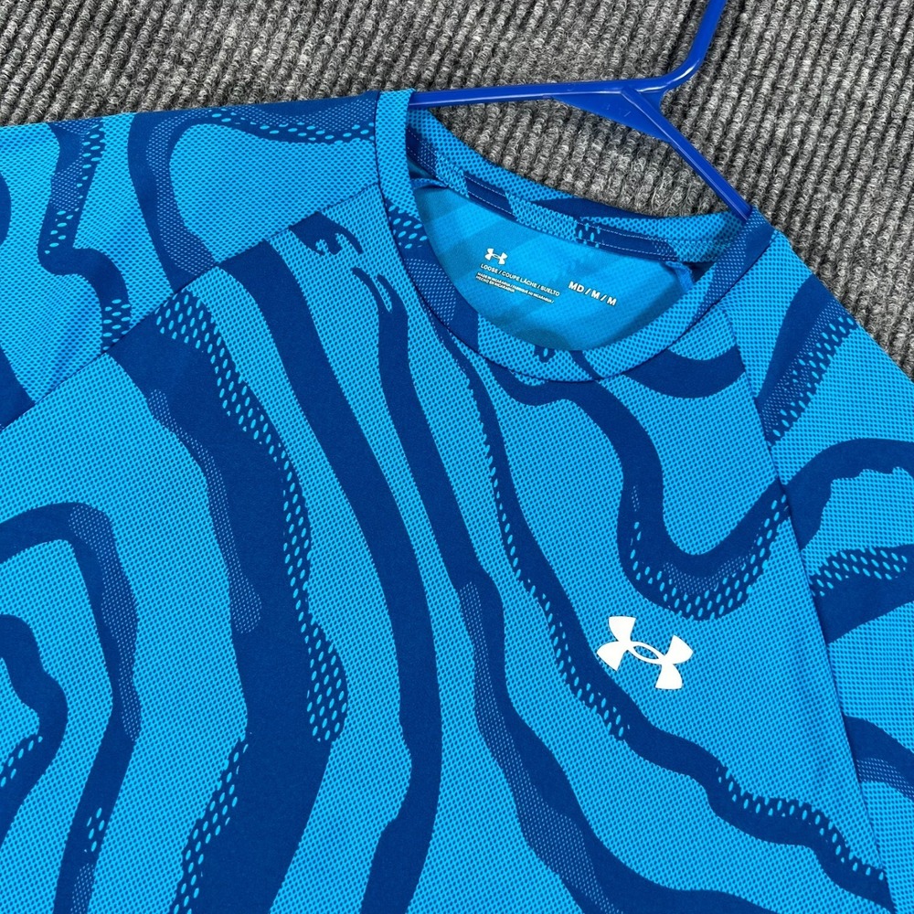 Under Armour Shirt Mens Medium Blue Striped Short Sleeve Loose Fit Active
